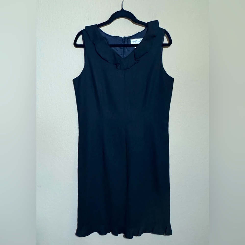 Mary McFadden Black Sheath Dress Size 12 Career Sleeveless Ruffle Linen V Neck